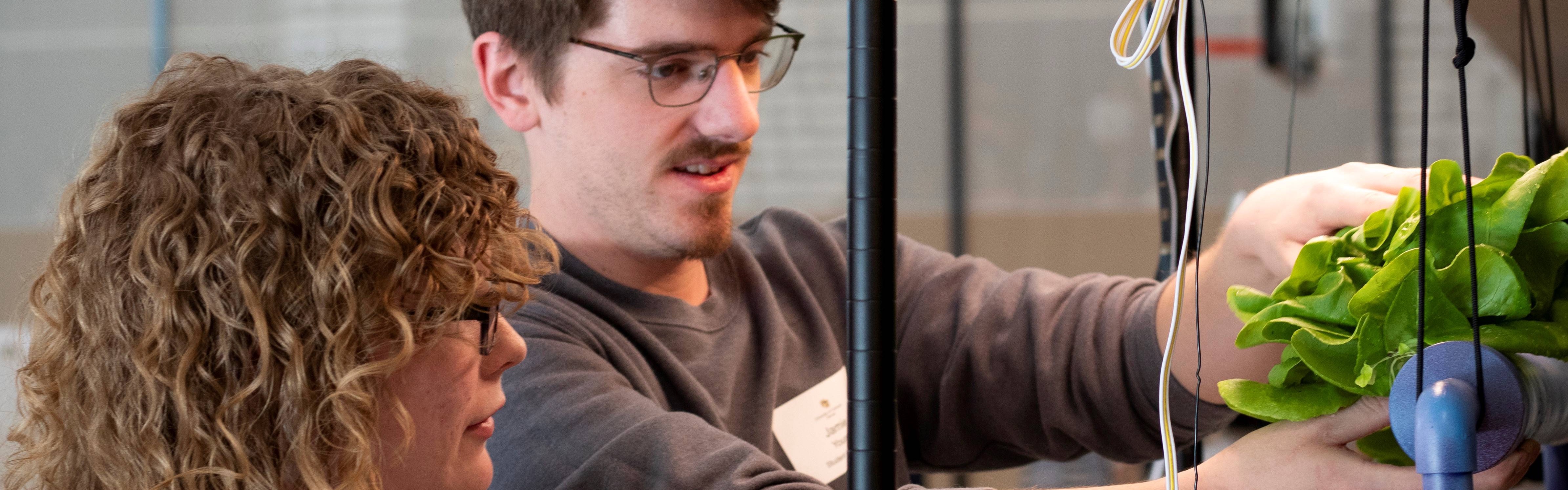 Two CU Denver students examining a plant