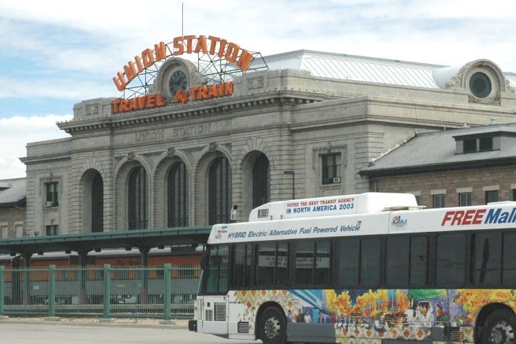 Union station with bus in front